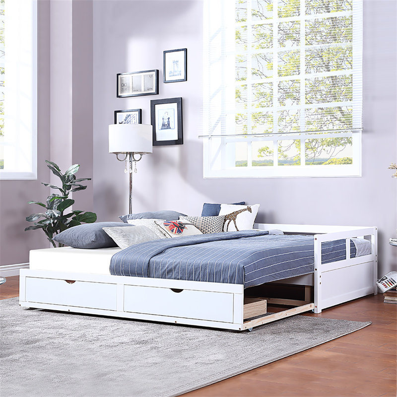 White Extendable Wooden Daybed with Trundle & 2 Storage Drawers - Sofa Bed for Bedroom & Living Room, White