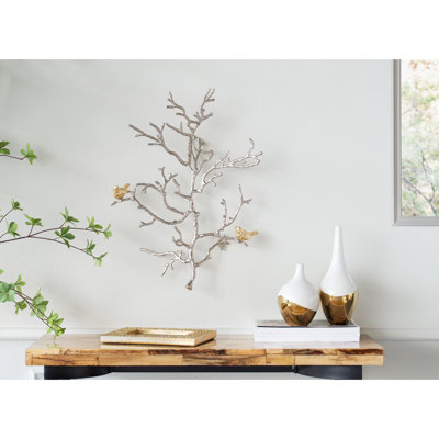 17X5.5X22" Metal Branch Wall Decor With Bird Accents, 2Pcs. Modern Tranquil. Silver & Gold Mix. 100% Aluminum 2Pcs Features. Tranquility Embodied In Decor. And Blend For Interior. Craft