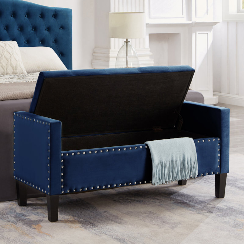 Upholstered Tufted Button Storage Bench With Nails Trim,Entryway Living Room Soft Padded Seat With Armrest,Bed Bench -Navy