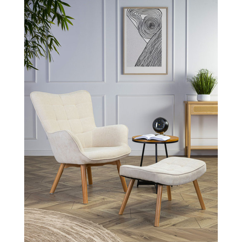 Nekoma Upholstered Accent Chair with Footstool, Cream coloured