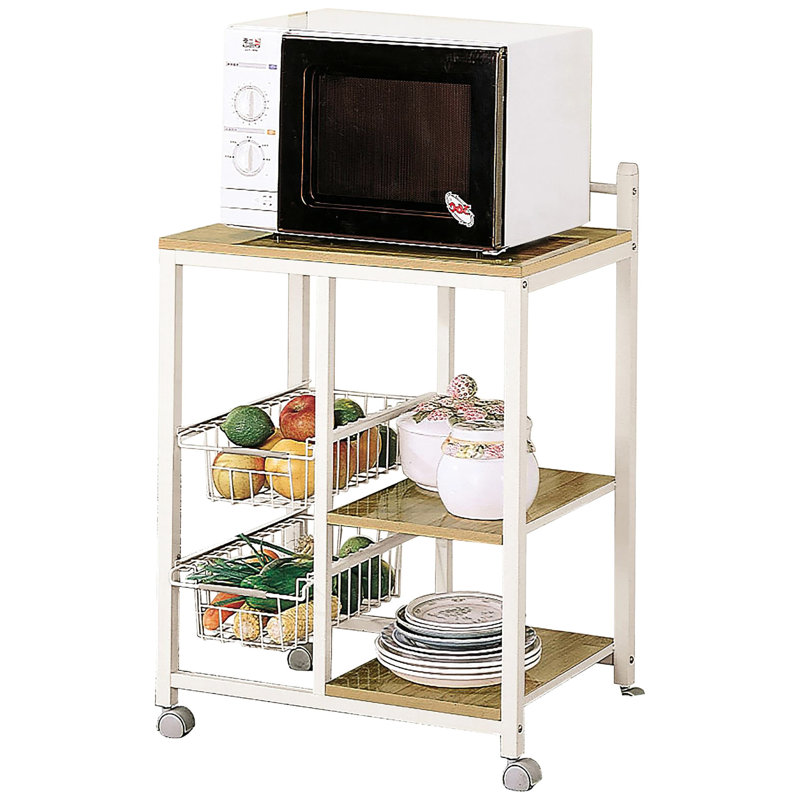 Chariot de cuisine moderne et naturel brun et blanc, tablette spacieuse pour ustensiles de cuisine, double rangement, 4 appareils transportables, rangement avec tablettes et mouvement