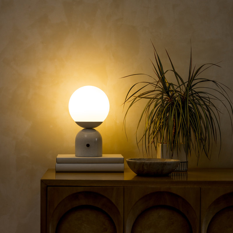Mila 9.85 in. Mid-Century Modern LED Bedside Table Lamp with Black Marble and Frosted Globe Shade, White
