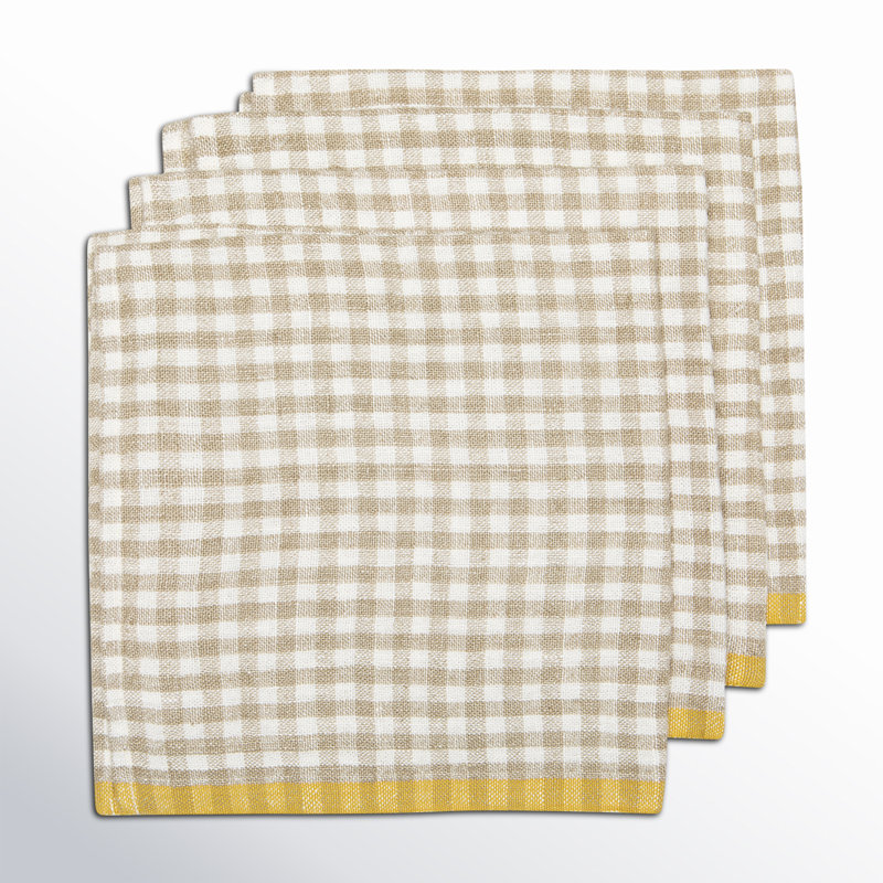 Gingham Linen Square Napkins, Natural with Dijon Trim