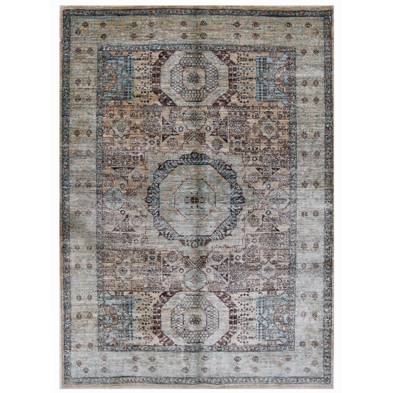 Tapis beige noué à la main de haute qualité, Rectangle 4 pi 11 po x 6 pi 9 po