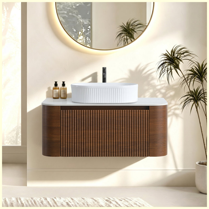 Meuble-lavabo mural 36 po en noyer avec lavabo, porte-serviettes gratuit, lavabo ovale en céramique rayé blanc, pré-assemblé