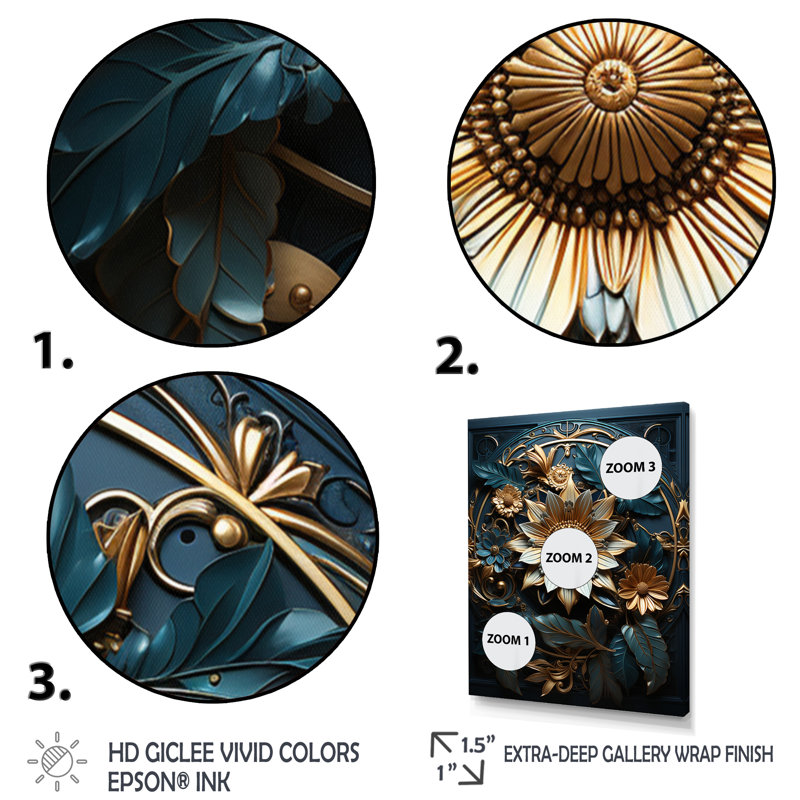 Sceau d'or et fleurs bleu sarcelle 3D sur toile, H 44 po x l 34 po x P 1,5 po, Cadre photo noir simple