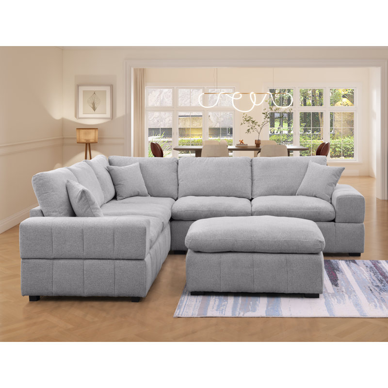 Upholstered 6-seater Chenille Modular Sofa With Oversized Movable Ottoman & Plush Cushions, Light Gray Chenille