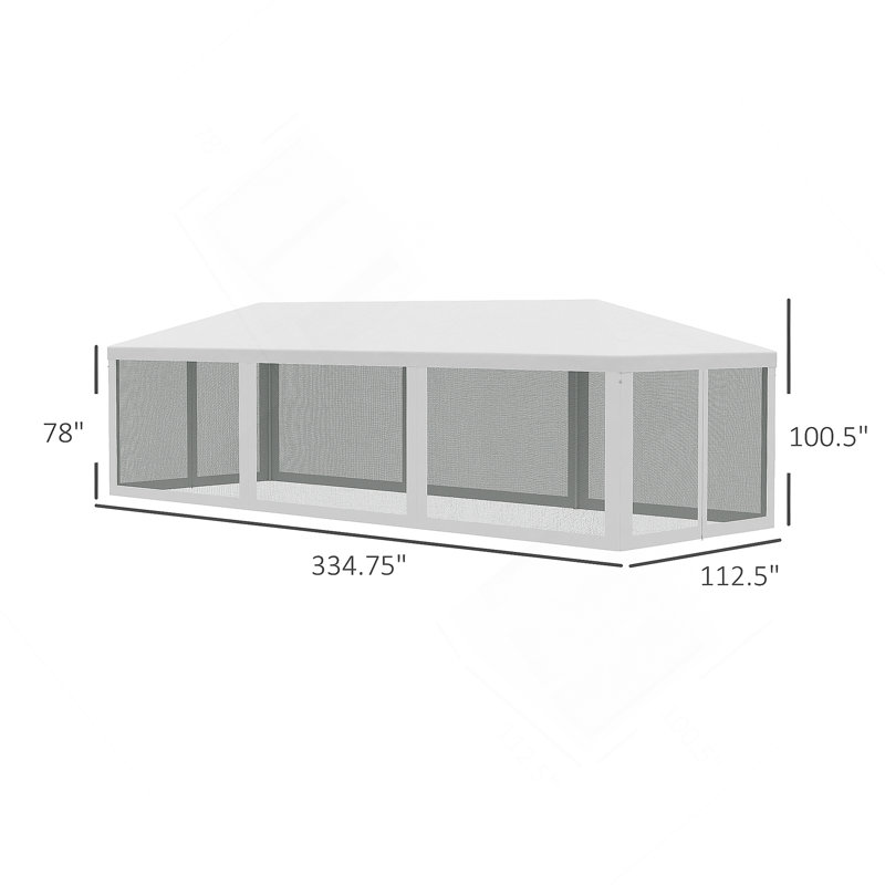 Auvent de tente de réception 10 pi x 28 pi Outsunny, abri de jardin pour l'extérieur avec 8 parois latérales amovibles en filet, portes à fermeture à glissière, structure en acier