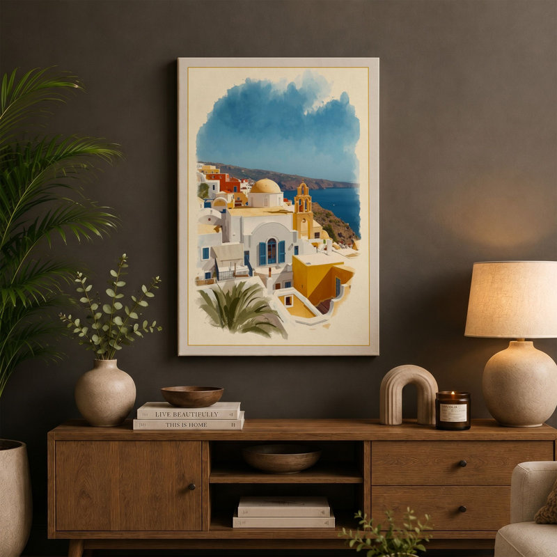 Mediterranean Village Coastal - Wrapped Canvas, 24x16 - 61.0 x 40.6 cm, Teal Border