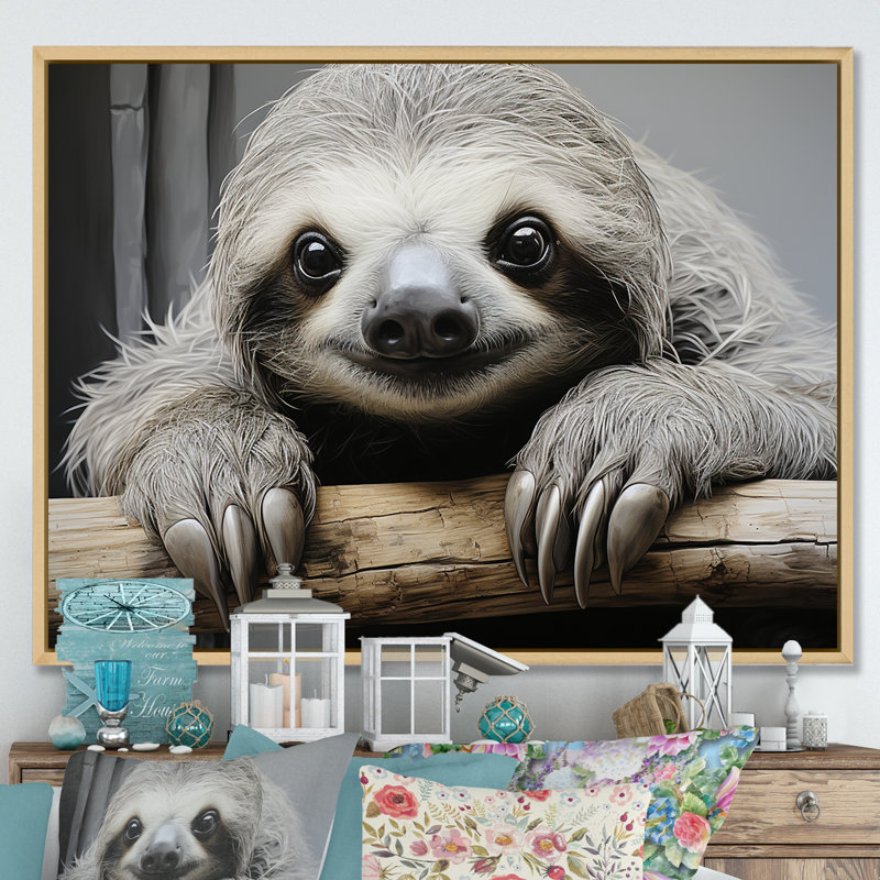 Paresseux doux - impressions sur toile, H 12 po x l 20 po x P 1 po, Cadre naturel flottant