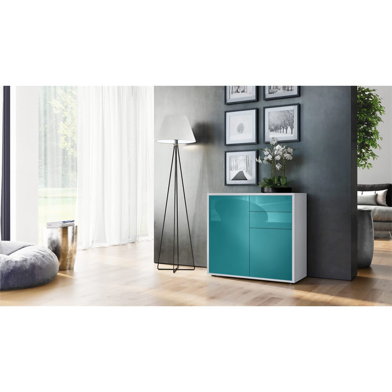 Canica 2 - Door Rectangle Accent Cabinet, White Matt/Teal High Gloss