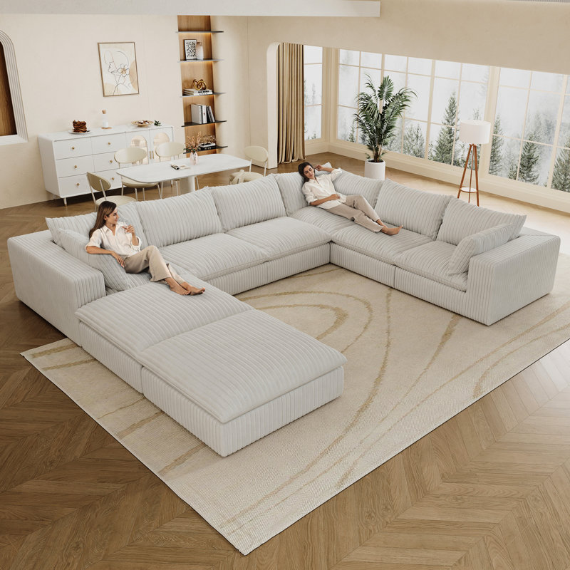 Nuage en velours côtelé de 157,6 po avec 8 sièges, coussin amovible, conception à deux couches, sans assemblage, bricolage pour diverses pièces, douceur rembourrée de plumes, soutien doux et éponge, restauration rapide