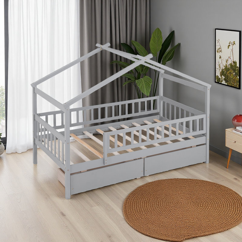 Lit simple en bois avec deux tiroirs, Gris