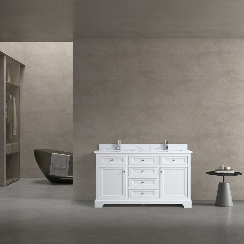 GEF 60 po L x 22 po P 2 portes et 6 tiroirs Meuble-lavabo avec évier double et Comptoir en Quartz de Calcutta