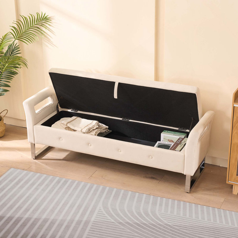 Banc de rangement en velours de 67,91 pouces avec accoudoirs pour le salon, le vestibule et la chambre à coucher, Beige