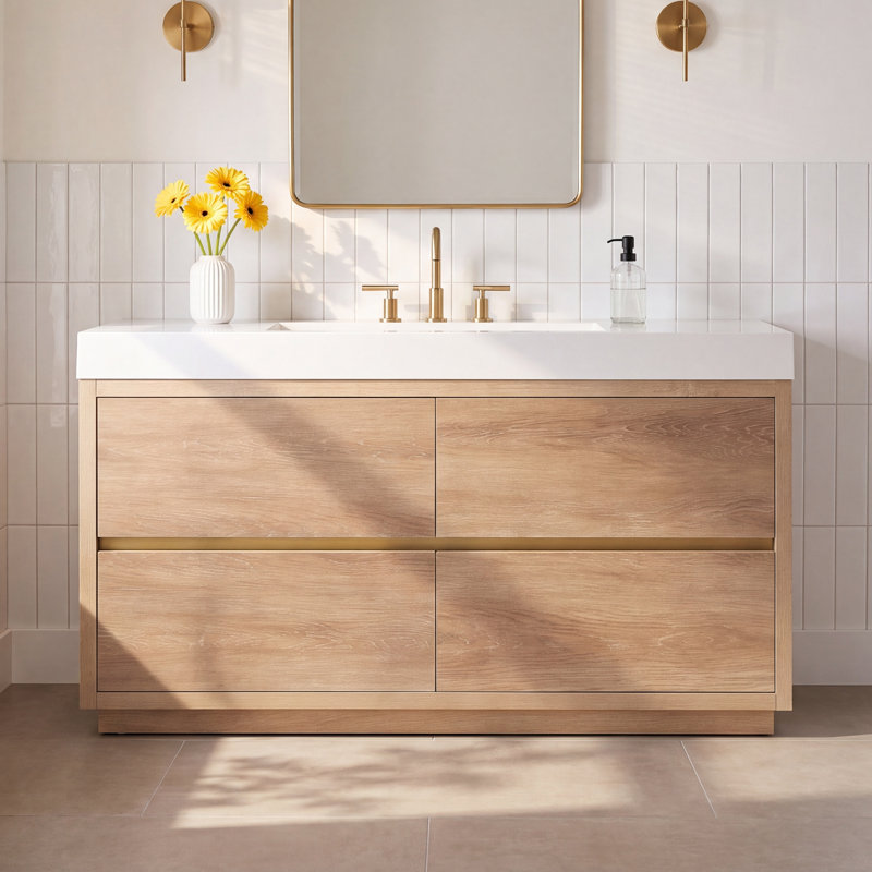 Beira 59.8'' Single Bathroom Vanity with Composite Top, North American Oak, White