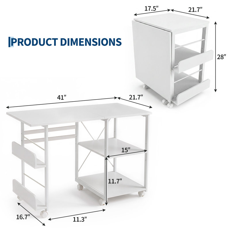 Bureau d'ordinateur pliable à roulettes, table d'écriture mobile et peu encombrante pour bureau à domicile - Étagère de rangement, organisateur latéral, roulettes verrouillables - Blanc