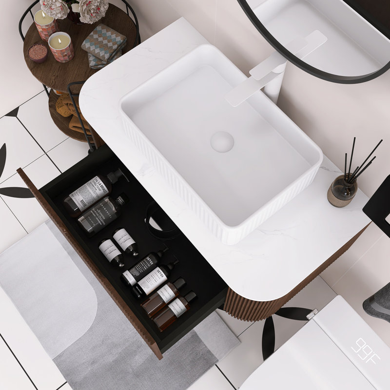 Meuble-lavabo mural 36 po avec bords courbés et conception rayée, armoire de rangement avec tiroir, lavabo rectangulaire en céramique blanche.
