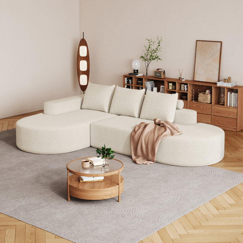  Canapé modulaire incurvé moderne 108,5 po en chenille, canapé modulaire en L avec 3 coussins, méridienne gauche, beige