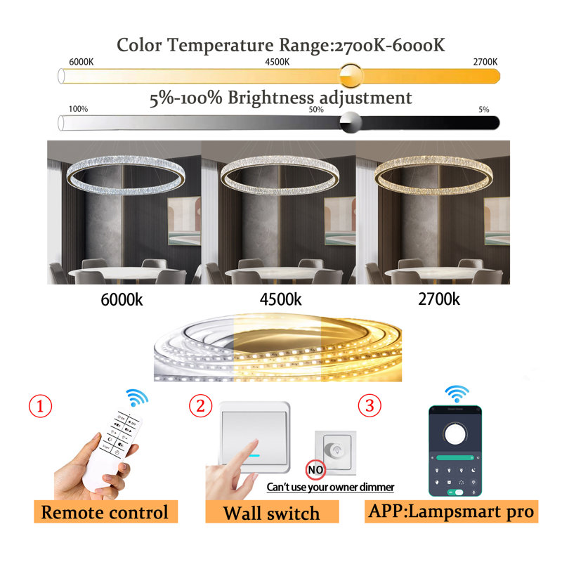 Luminaire suspendu en cristal à DEL 48 pouces