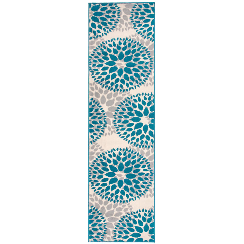 Tapis bleu / ivoire / gris clair à motif floral, Tapis de couloir 2 pi x 10 pi