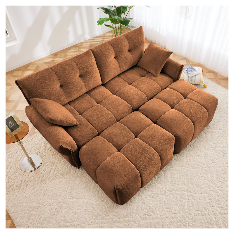 Ensemble de canapé modulaire orange brûlé 2 places avec repose-pieds et coussins décoratifs, meubles de salon en chenille moelleuse