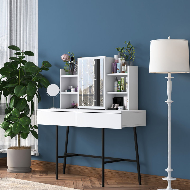 Elegant Make-Up Table with Mirror, White, 47.2 x 51.8 x 15.7 inches | 100% Melamine Coated E1 Quality Chipboard, Wall-Mountable Design | Features Numerous Shelves & Additional Storage for Beauty Essentials