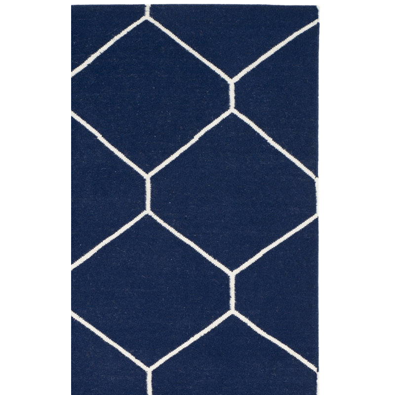 Tapis géométrique en laine / coton tissé à la main Rodgers - blanc / bleu, Rectangle 9 pi x 12 pi