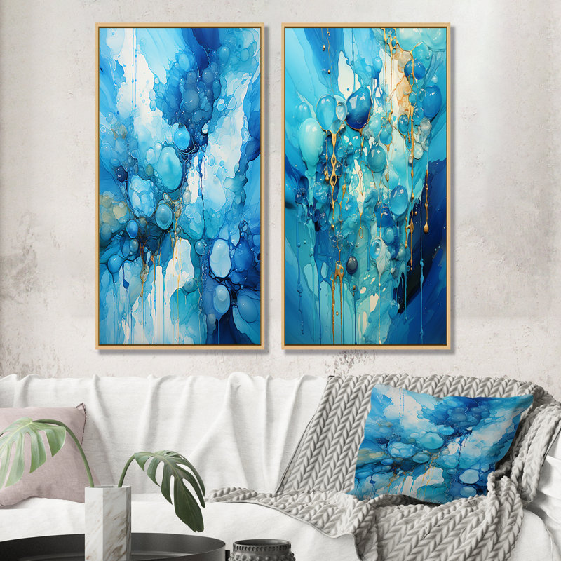 Symphonie blanche et bleue goutte à goutte - art mural abstrait ensemble de salon de 2, Encadrement brun, H 32 po x l 33 po