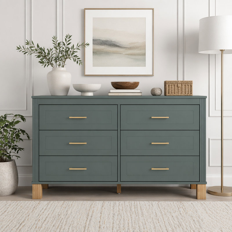 Commode double moderne à 6 tiroirs en bleu avec poignées en métal et pieds en bois massif, Blue