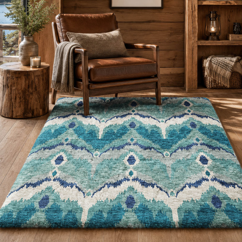 Tapis Dream Shag ADS743 Ikat lavable à la machine de qualité supérieure, Sarcelle, 8' x 10'