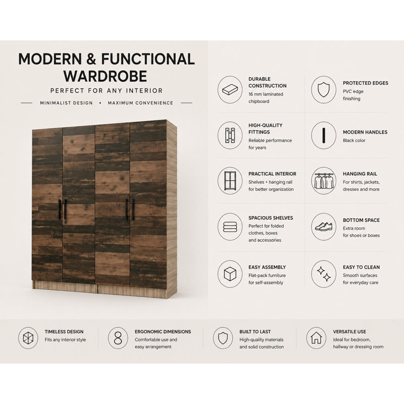 Nitra 4 Door Solid + Manufactured Wood Wardrobe, Sonoma/Dark Brown