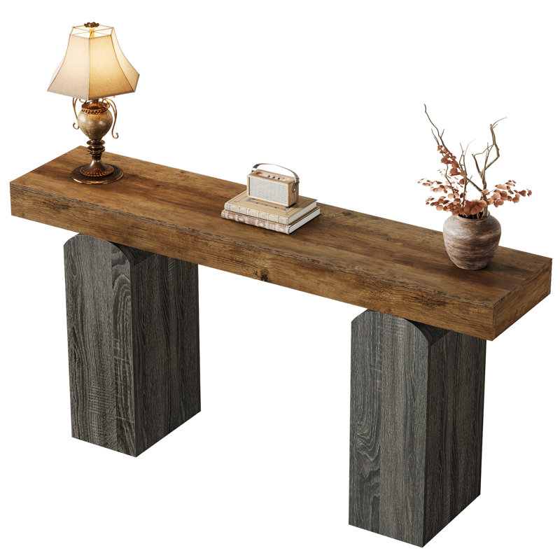 Console 63 po avec 2 pieds en arche piédestal, Brun rustique / gris