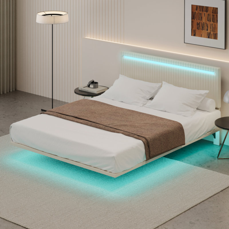 Velvet Fabric Floating Bed Frame with LED Lights, Beige, Full