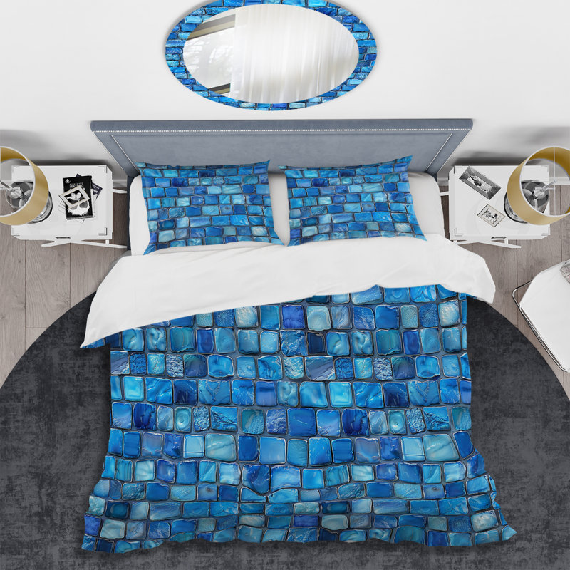 Blue Modern Mosaic Tiles III - Ensemble de housse de couette moderne, Housse de couette simple et deux taies décorative