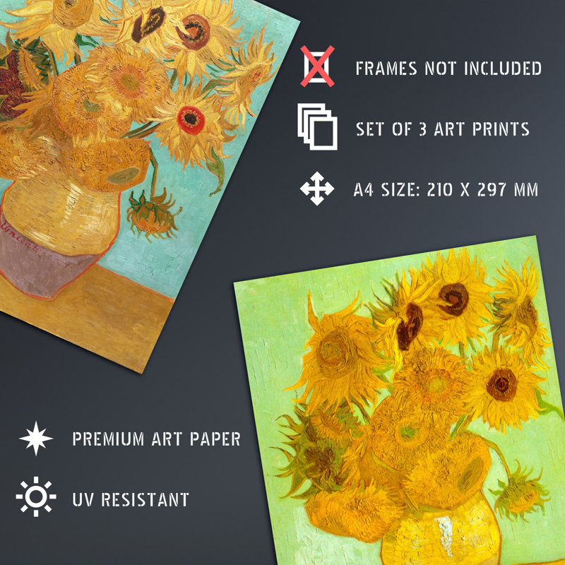 Ablah Sunflowers Collection Paintings by Vincent Van Gogh - 3 Piece No Frame Print, 29.7" H x 21" W x 0.4" D