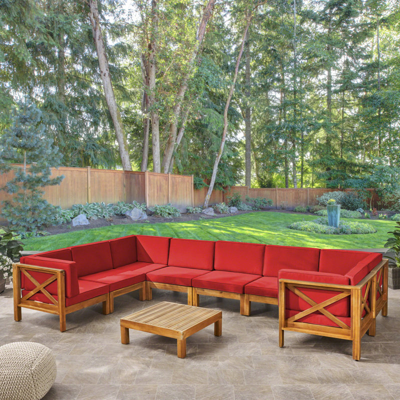 Acacia 8 - Person Patio Conversation Set with Cushions, Teak Frame / Red Cushion