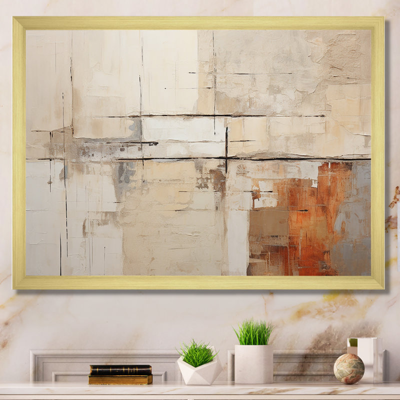 Abstrait, collage de route beige brun - Collages abstraits sur toile, Cadre doré simple, H 16 po x l 32 po x P 1 po