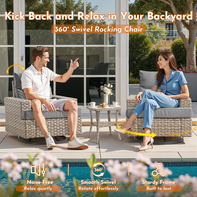 Tommy 10 - Person Outdoor Wicker Patio Conversation Furniture Set With Rocking Swivel Chairs And Fire Pit Table, Dark Gray