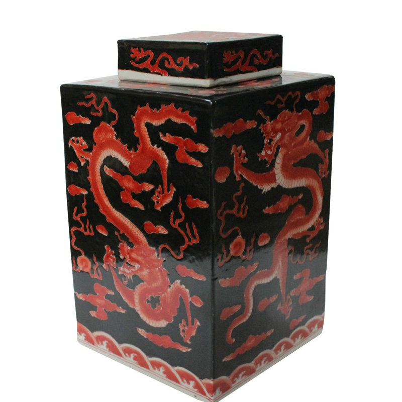 Mccarroll Handmade Porcelain China Ginger Jar, Black Red