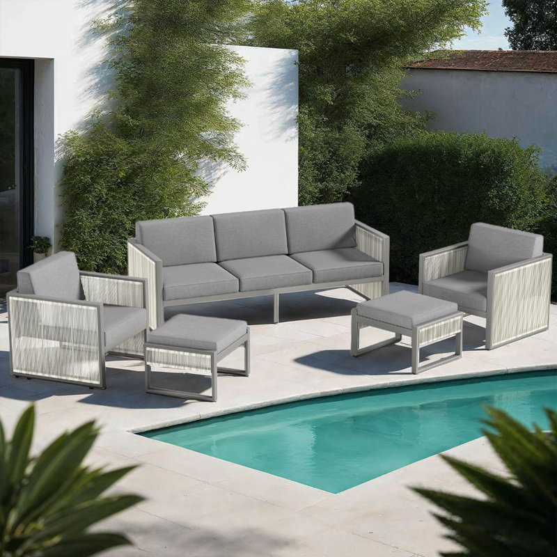 5-Piece Metal Outdoor Patio Conversation Sectional Seating Set With Cushions, Gray