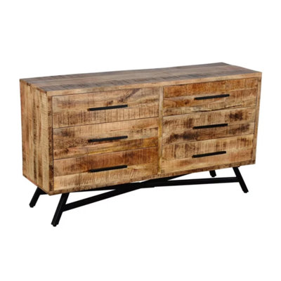 Commode 6 tiroirs en bois de manguier avec pieds et poignées en métal noir