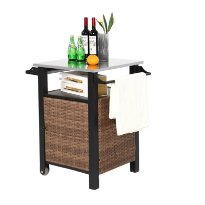 Single Door Bar Cart,Outdoor Kitchen Wicker Island Rolling Cart & Storage Cabinet, Wheels And Stainless Steel Extended Table Top, Side Handle