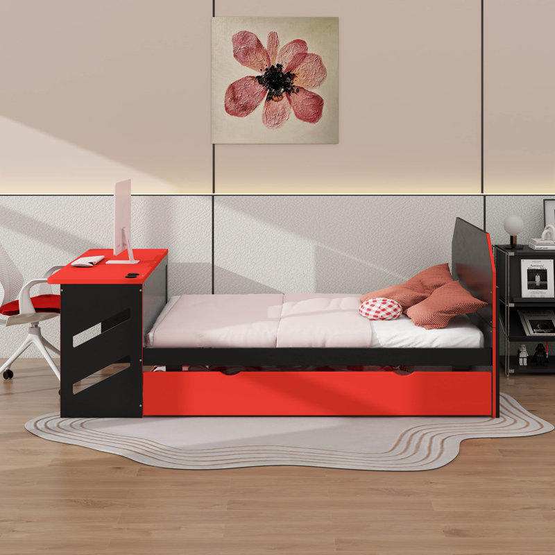 Lit de jour double en bois - Comprend un lit gigogne simple, un bureau et des stations de recharge USB, Rouge