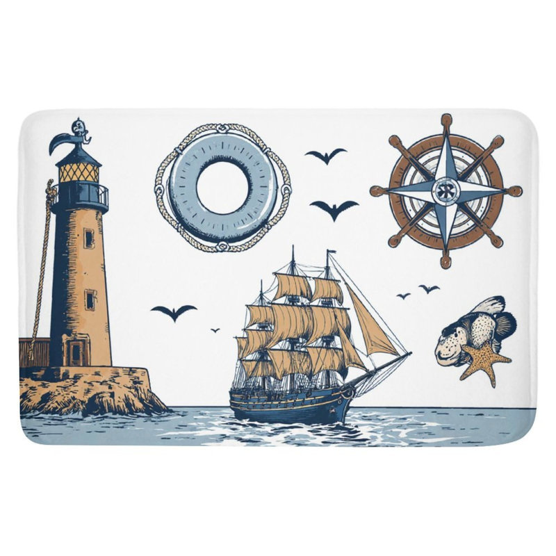Nautical Lighthouse And Anchor Bath Rug For Bathroom, 16L X 24W