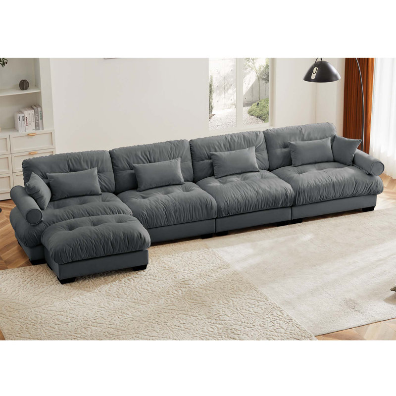 L-Shaped 4 Seater Sectional Sofa With 1 Movable Ottomans & Pillows, Gray Velvet