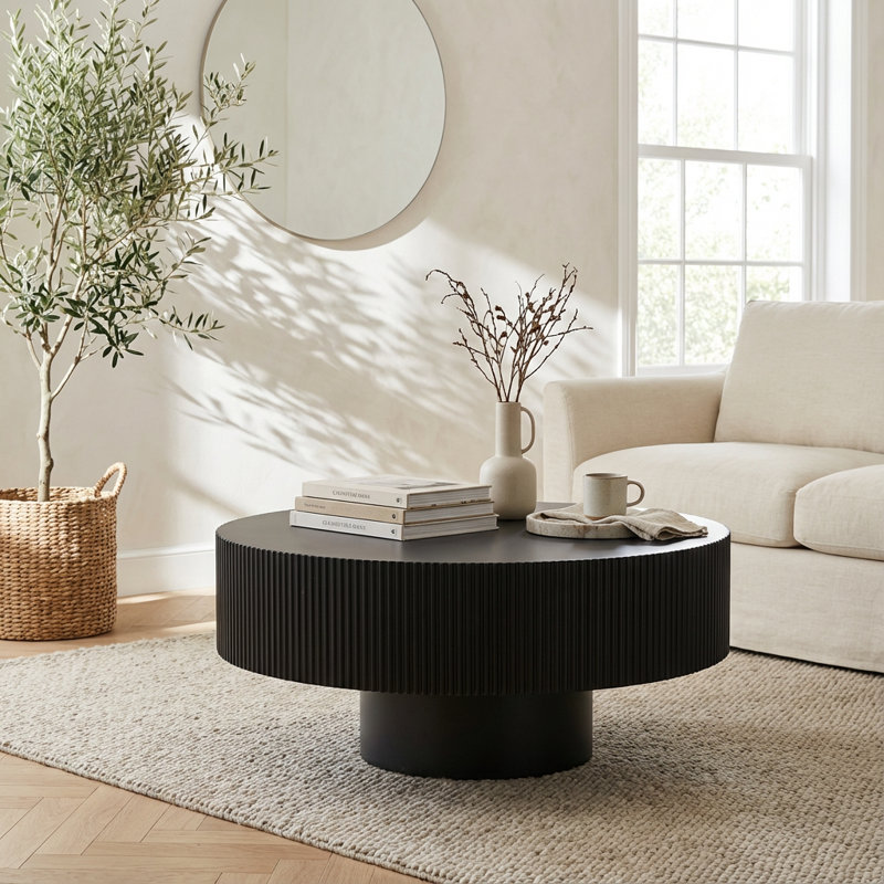 Table basse moderne à piédestal cannelé moderne, Noir, H 13,78 po x L 30,31 po x l 30,31 po