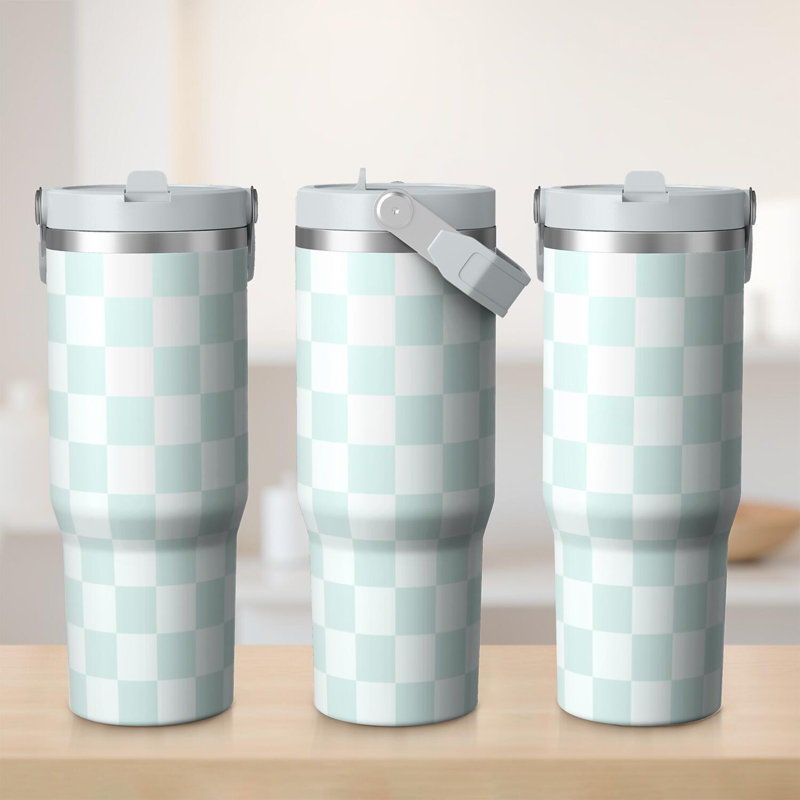 Gobelet 30 oz avec couvercle et poignée Gobelets isothermes en acier inoxydable Bouteille d'eau mignonne avec rabat (motif en damier)