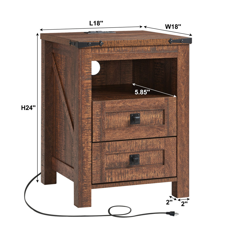 Table de chevet 2 tiroirs avec prises et ports USB Adaija, Brun rustique