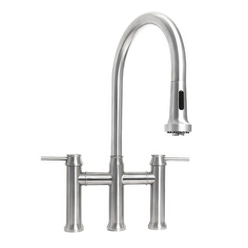 Whitehaus Collection Solid Stainless Steel Dual Lever Gooseneck Bridge Kitchen Faucet with Pull-down Spray Head